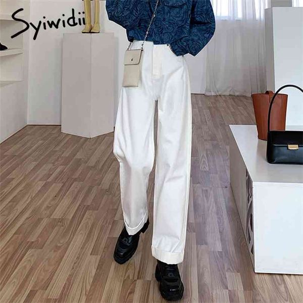 

high waisted white jeans for women straight denim wide leg pants vintage full length spring trousers baggy 210607, Blue