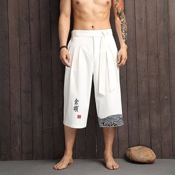 

chinese traditional pants men asian clothing bath pant casual loose male japan style yukata trousers linen cropped pants 12312, Red