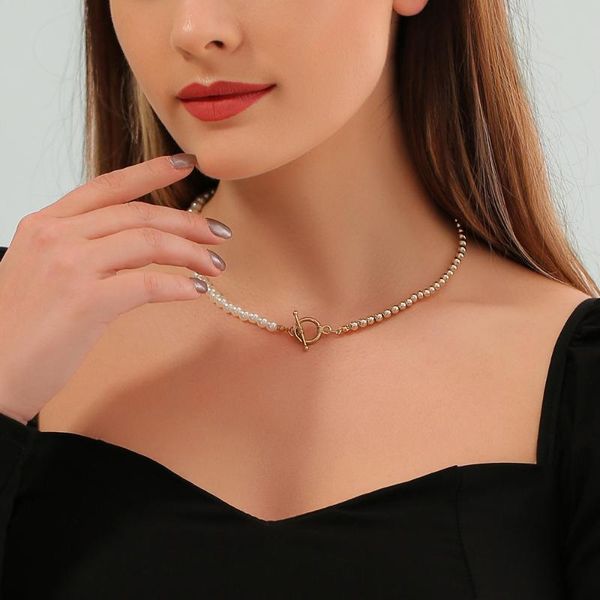 

chains fashion baroque pearl chain necklace women collar wedding punk toggle clasp circle lariat bead choker necklaces jewelry, Silver