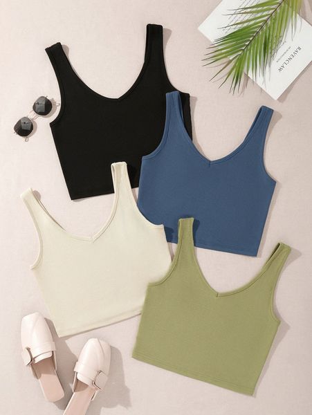 

4pcs solid ribbed knit tank 41gs#, White