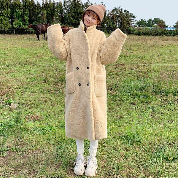 

autumn winter faux fur long coats female elegant double breasted spliced thick warm leather jackets 210427, Black