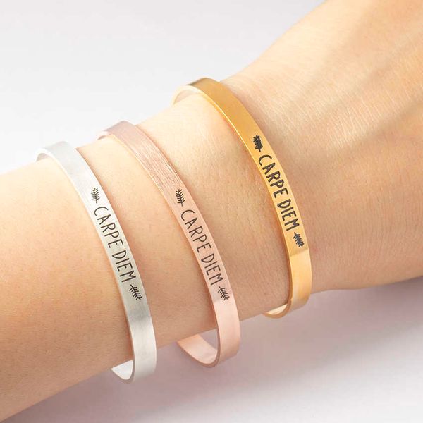 

montage carpe diem bracelets bangles for women men boho jewelry stainless steel rose gold double leaf bileklik open bangles q0719, Black