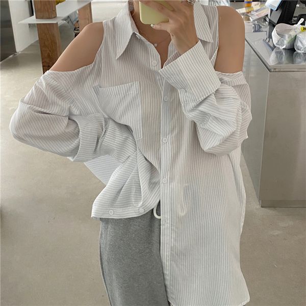 

ol elegant bf striped sunscreen shirt femme autumn vintage off shoulder women blouses long sleeve loose 210421, White