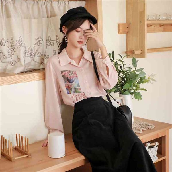 

spring autumn turn-down collar shirt long sleeve design retro hong kong flavor oil painting print blouse ml769 210506, White