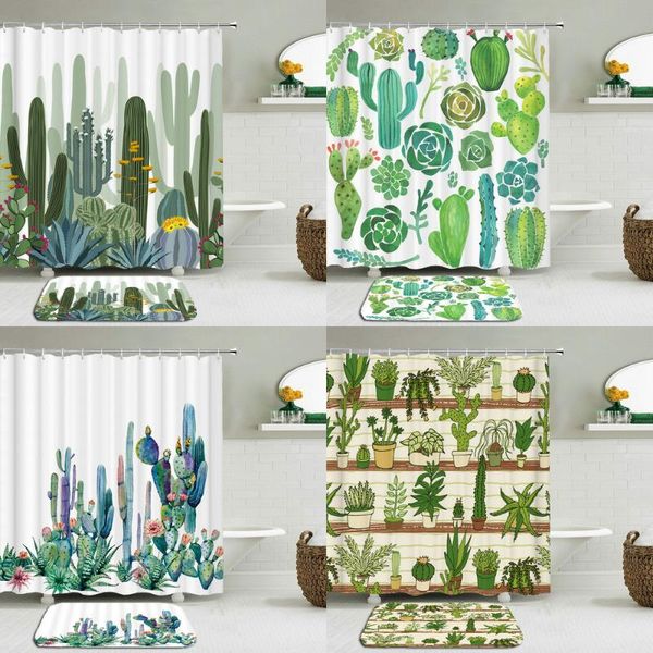 

2pcs/set cactus flowers plant shower curtain set bath curtains waterproof polyester fabric + non-slip mat toilet bathroom decor