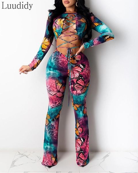 

women's jumpsuits & rompers women butterfly tie dye print lace-up front cutout jumpsuit, Black;white