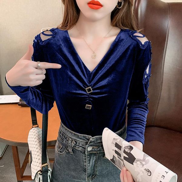 

women's blouses & shirts blouse velvet shirt long sleeve v-neck lace women autumn fashion woman blusas de mujer, White