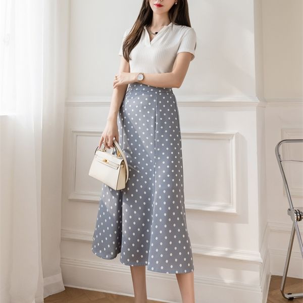 

summer wave point korean-style a-line skirt high-waist womens elegant skirts evening dress the 210507, Black