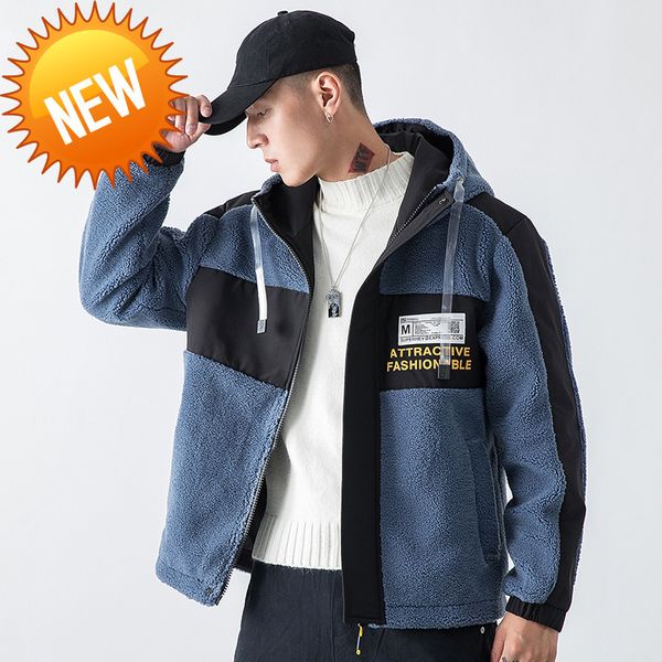 

autumn and winter jacket men new ins trend hooded 's solid color stitching warm patch lamb hair coat teddy, Black