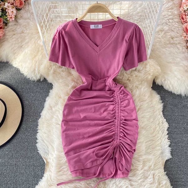 

drawstring bodycon dress women black/white/gray short sleeve high waist mini vestidos summer female club party robe 2021 y0603, Black;gray