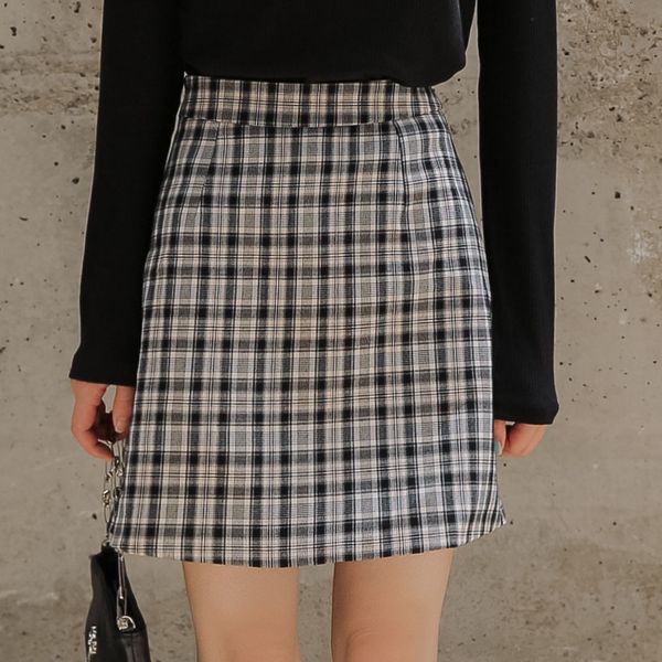 

Skirts Vintage Plaid Mini Women Fashion High Waist Office Lady Party Mujer Clothing KJUX, Black