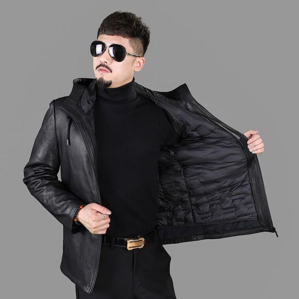 

men's leather & faux authentic first layer deerskin jacket hooded down liner removable winter big size thickened, Black