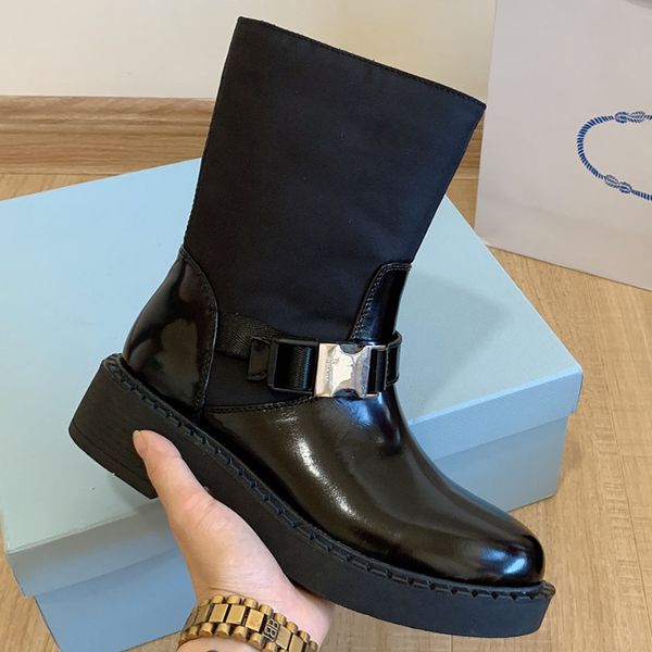 

womens designer biker ankle boots brushed leather and re nylon booties, Black