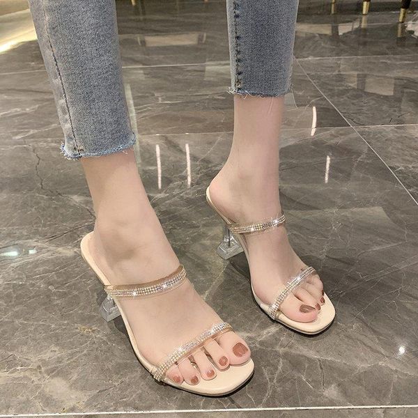 

fashion women's flip-flops casual slippers transparent rhinestone stiletto shoes zapatillas mujer solid, Black