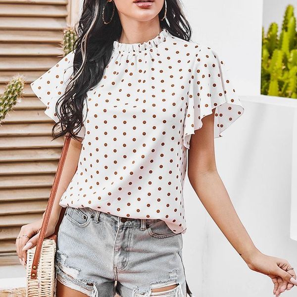 

women's t-shirt casual polka dot lotus leaf stand collar flying sleeve white
