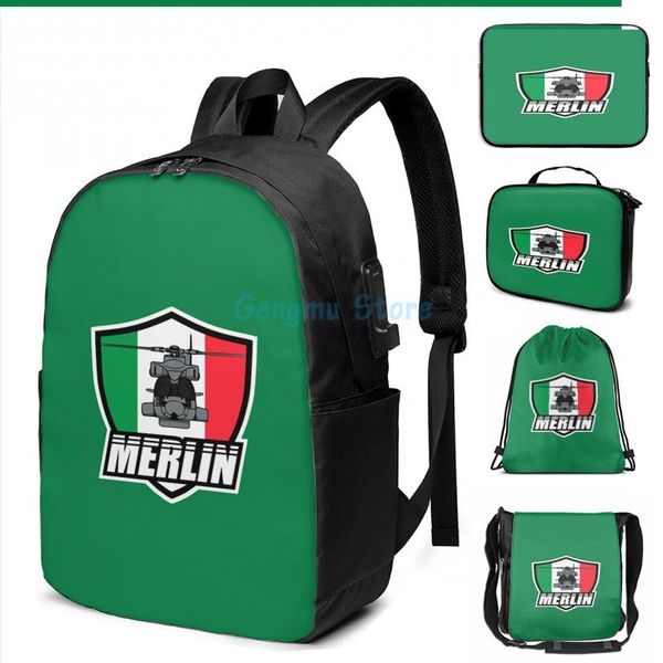 

funny graphic print italian merlin helicopter patch usb charge backpack men school bags women bag travel laptop