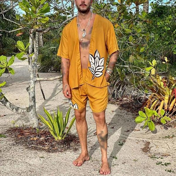 

men's tracksuits hawaiian print lapel short sleeve shirt set fashion tropical shorts beach two-piece s-3xl, Gray