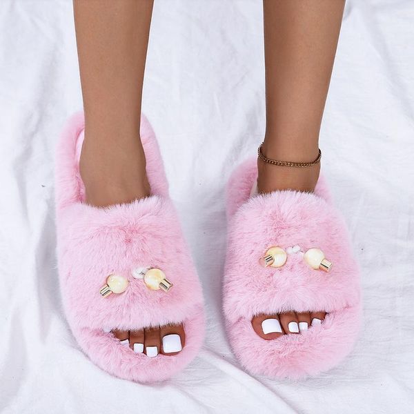 

slippers 2021 autumn furry fashion outside wear women shoes flat non-slip warm fluffy thick cotton slides plus size, Black