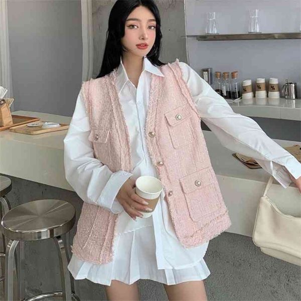 

spring tweed vest women's fashion cardigan retro solid sleeveless single breasted casual coat 210519, Black;white