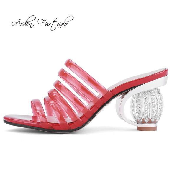 

slippers arden furtado summer fashion women's shoes special-shaped heels elegant clear pvc narrow band slides big size 43, Black