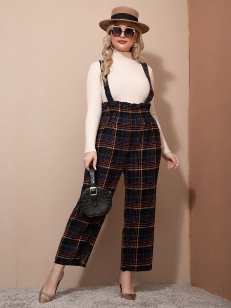 

plus plaid print paperbag waist suspender jumpsuit without 04ou#, Black
