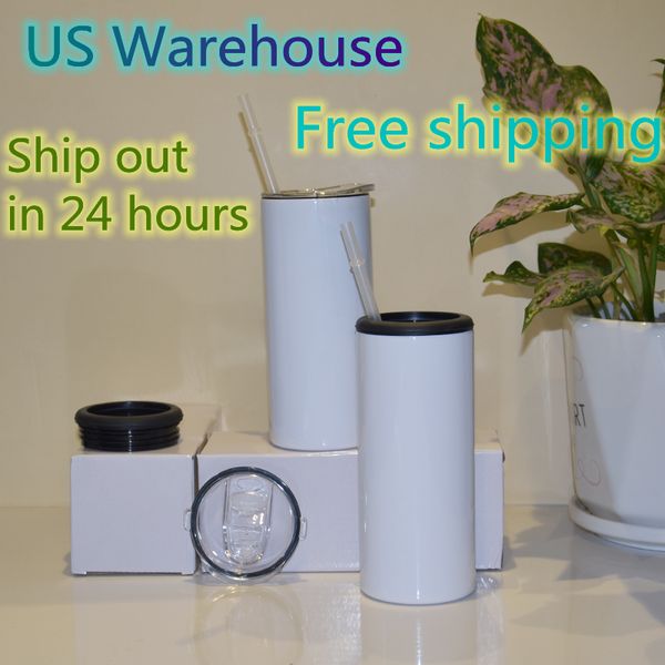 US Warehouse 15oz Sublimação em linha tumblers 2 em 1 lata refrigerador duplo tampas claras canudas de aço inoxidável branco branco parede dupla vácuo copos local entrega