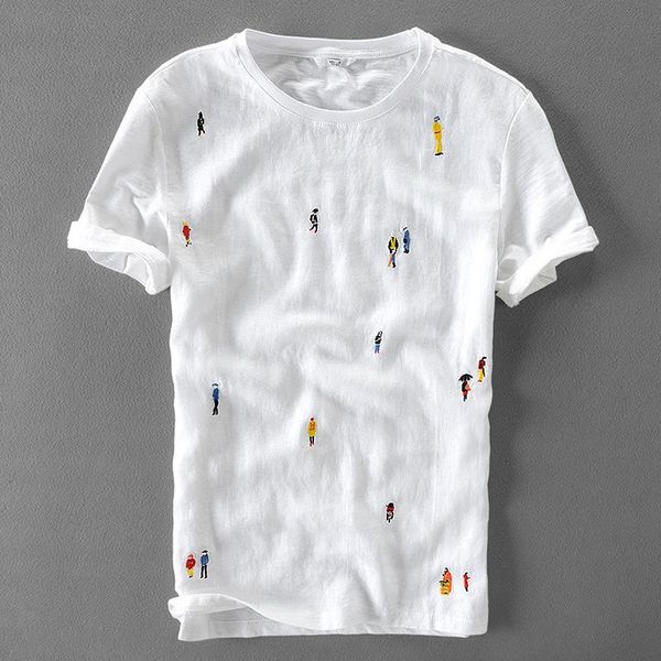

men's t-shirts men spring summer fashion short sleeve cartoon embroidery japan style cotton linen simple minimalist male tee, White;black