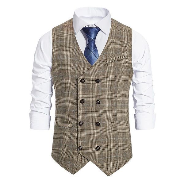 

men's vests mens suit vest fashion slim fit plaid men waistcoat business double breasted man england style male leisure suits, Black;white
