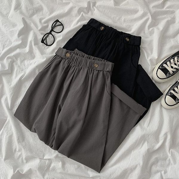 

casual women pants summer solid high waist pleated straight loose ankle length all match female women's & capris, Black;white