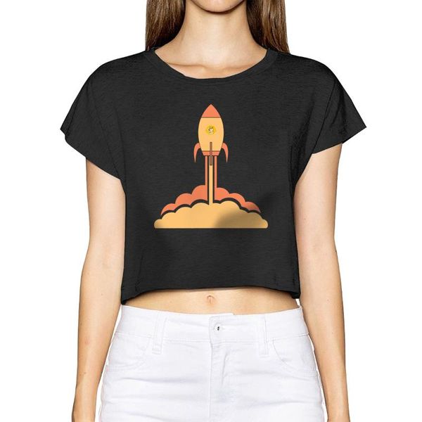 

dogecoin launch to the moon ladies' leak navel t-shirt aesthetic clothes print funny tee 100% cotton women's, White