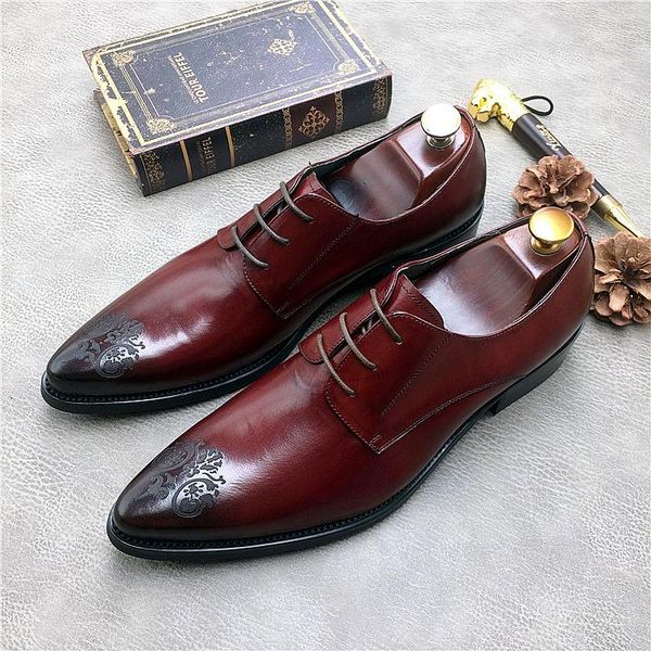 

dress shoes carved man wedding oxfords lace up fashion pointed toe genuine leather spring male tuxedo suits, Black