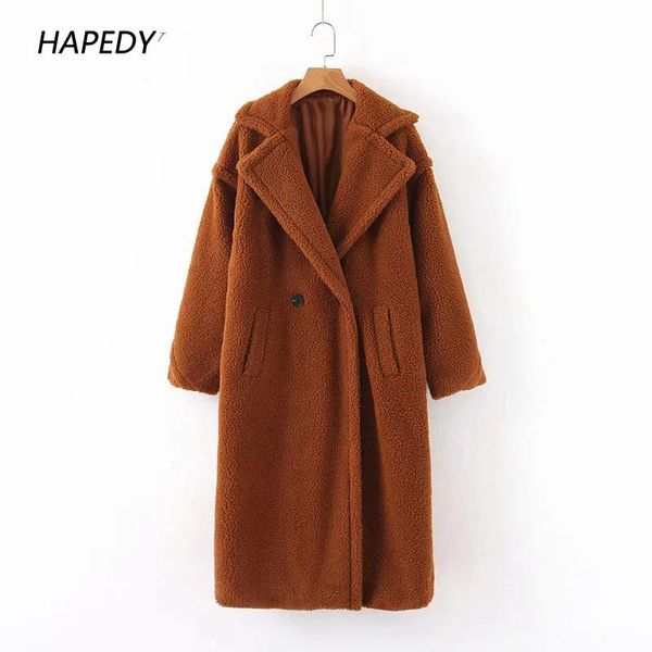 

women's fur & faux winter casual solid teddy coat 2021 women long sleeve fleece thick warm jacket turn down collar lamb outerwear, Black