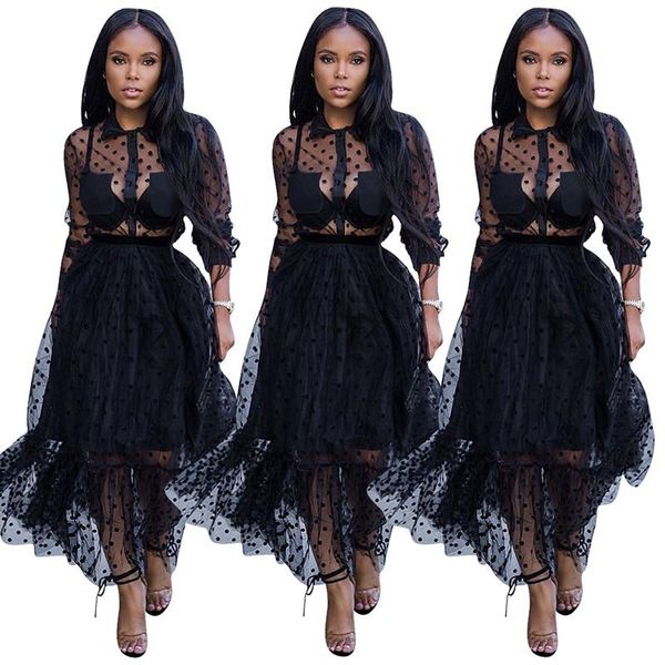 

casual dresses autumn womens long sleeve dress turn-down collar lace mesh polka dot black ankle length perspective sexy, Black;gray