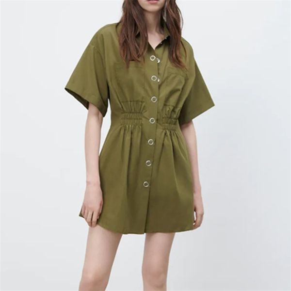 

women summer cotton shirts dress short sleeve turn-down collar pockets female elegant vintage mini dresses vestidos 210513, Black;gray