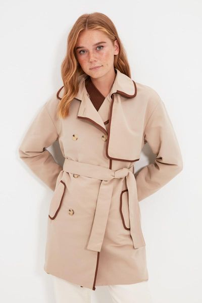 

women's trench coats trendyol kemerli brown piping twoaw22tr0037, Tan;black