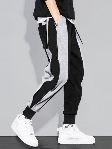 

men color block zipper side drawstring waist sweatpants l8ug#, Black