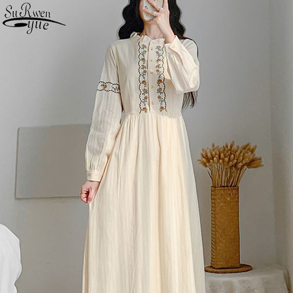 

vintage floral embroidery dress women spring long sleeve apricot es high waist vestido de mujer button 12918 210427, Black;gray