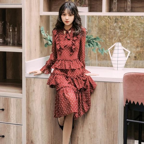 

casual dresses 2021 fashion the dot lace ruffle waist slim long sleeve dress, Black;gray
