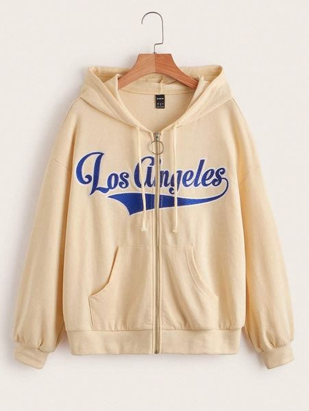 

embroidery letter zipper up drawstring hooded sweatshirt v1ia#, White;black