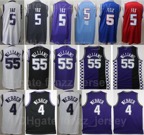 Eski Basketbol Jason Williams Jersey 55 Chris Webber 4 De Aaron Fox 5 Retro Tümü Dikişli Siyah Mavi Beyaz Mor Kırmızı Takım Rengi Nefes Alabilir Spor Taraftarları İçin Dikiş