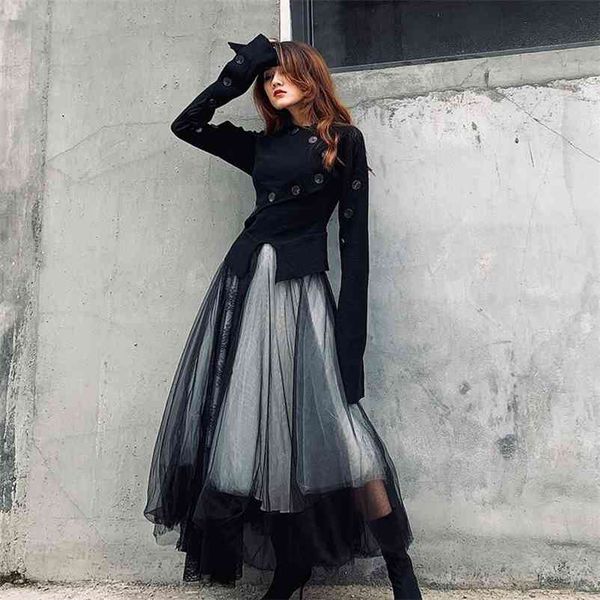 

gothic lace patchwork pleated skirt women black high elastic waist ankle length skirt female chic mesh party skirts streetwear 210421