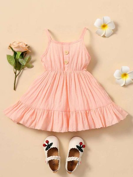 

baby textured fake button ruffle hem cami dress she, Red;yellow