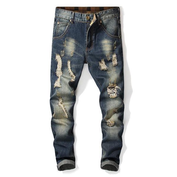 

men's denim pants retro causal jeans loose straight trousers, Blue