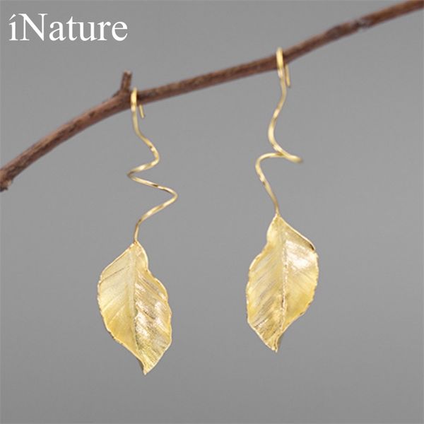 

inature 925 sterling silver jewelry 18k gold leaf elegant drop earrings for women bijoux gift 210625, Golden;silver