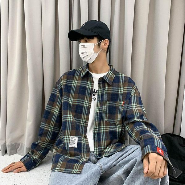 

men's casual shirts men korean plaid 2021 fashion harajuku streetwear shirt male loose vintage oversized couple tide brand plus size, White;black