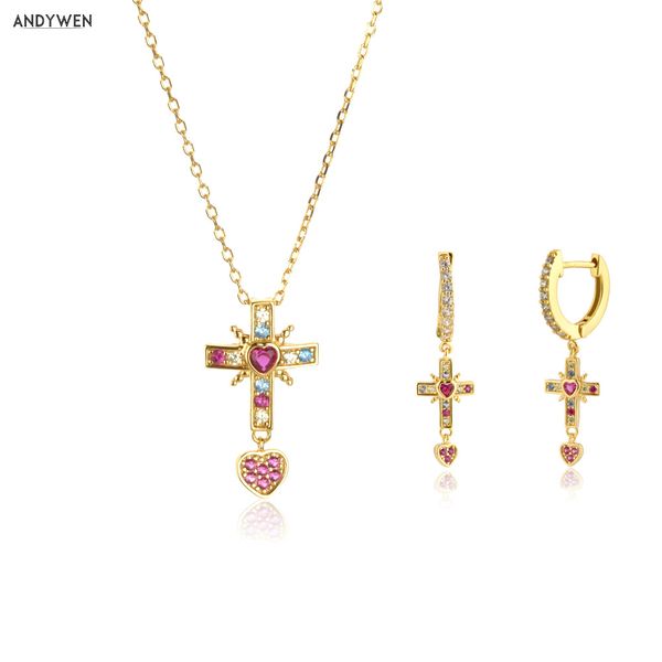 

andywen 925 sterling silver gold rose cross pendiente drop earring zircon colorful cross pendant long chain necklace jewelry set, Golden;silver