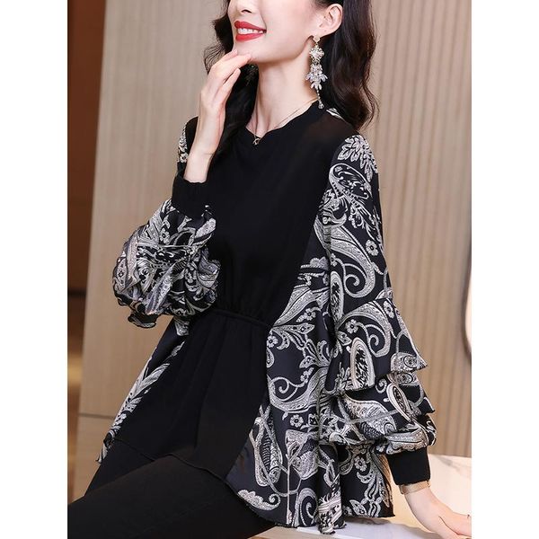 

women's blouses & shirts chiffon shirt autumn 2021 loose fashion printed european goods knitted stitching retro small, White