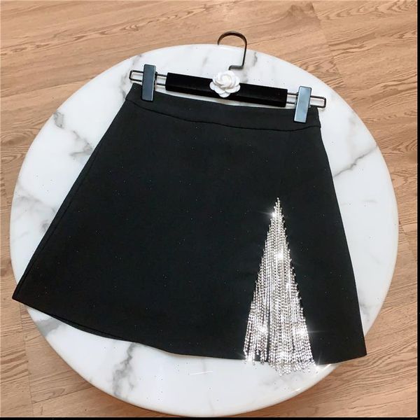 

summer arrival casual black and women skirts white rhinestones tassel high waist a line short skirt se232