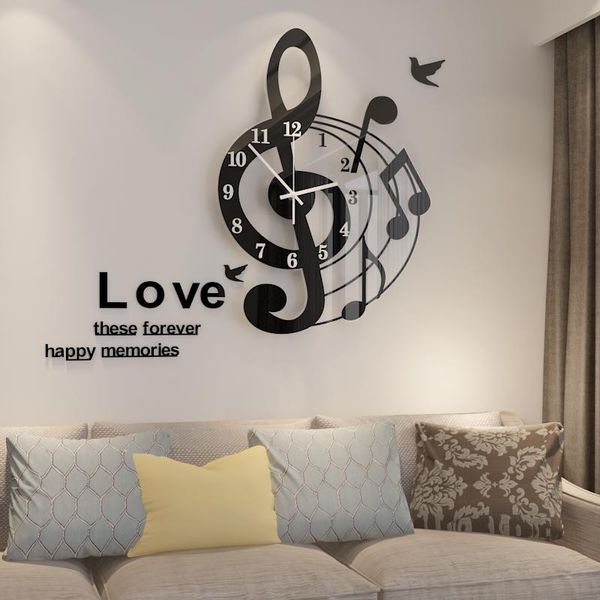 

wall clocks musical notes art creative large clock modern design 3d fashion acrylic watch living room home decor shining