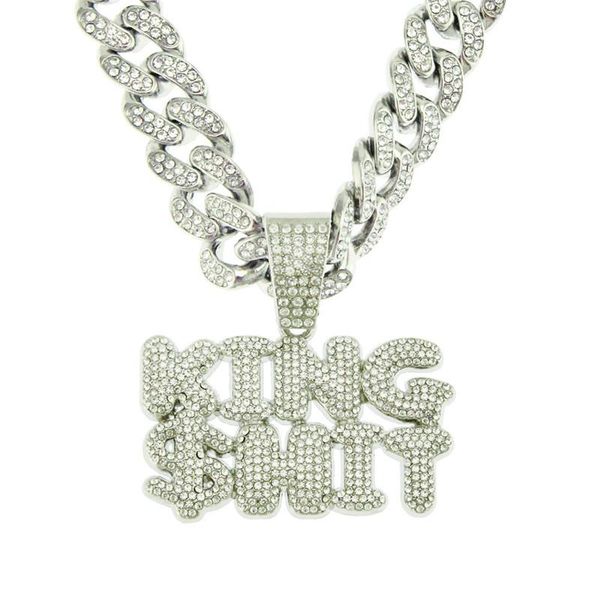 

pendant necklaces hip hop letters king $hit charm zirconia necklace men's big 13mm miami cuban chain choker jewelry gift, Silver
